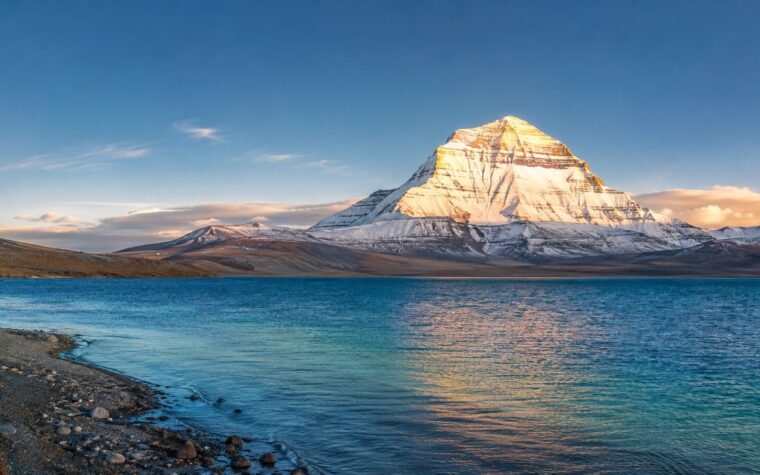 Mount Kailash above the blue water of Lake Mansarovar